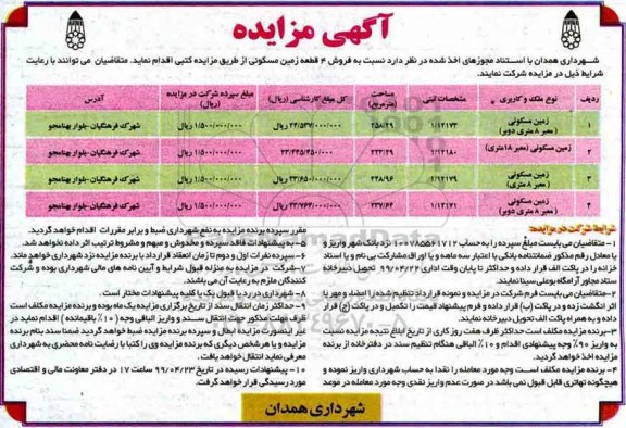 آگهی مزایده ،مزایده فروش 4 قطعه زمین مسکونی 