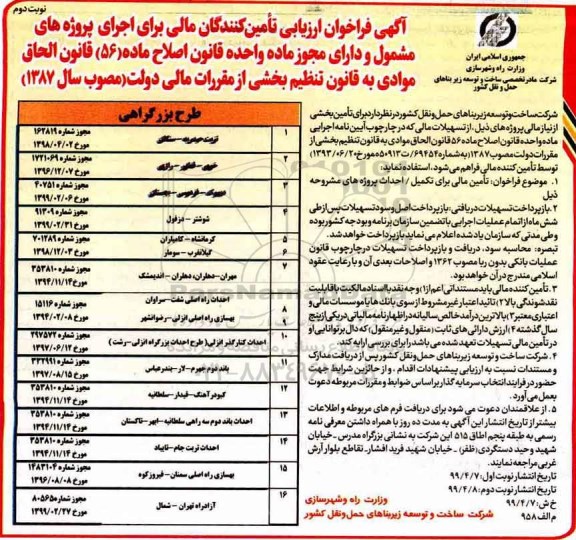 فراخوان , فراخوان ارزیابی تامین کنندگان مالی - نوبت دوم 