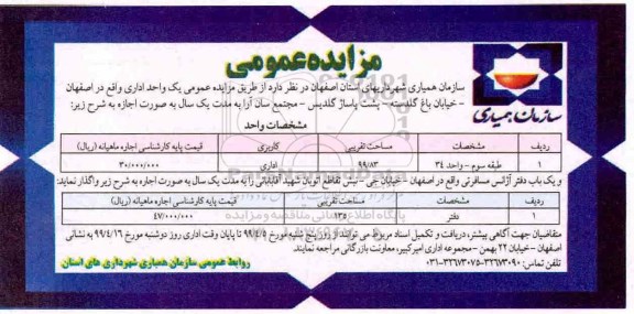 مزایده , مزایده اجاره یک واحد اداری... 