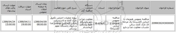 مناقصه عمومی همزمان با ارزیابی (فشرده) یک مرحله ای نازک کاری سالن جلسات معاونت غذا و دارو