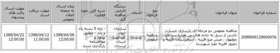 مناقصه عمومی دو مرحله ای بازسازی خسارت ناشی از سیل به جاده های بین مزارع  سر تخت چولهول ، میش مرو افرینه ، سرقبرستان افرینه و دمرود افرینه علیا شهرستا