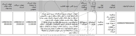 مناقصه عمومی یک مرحله ای خدمات شهری نوبت دوم س1399 شهرداری میرآباد