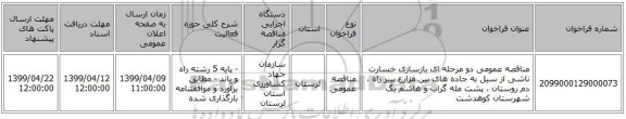 مناقصه عمومی دو مرحله ای بازسازی خسارت ناشی از سیل به جاده های بین مزارع  بییر راه ، دم روستان ، پشت مله گراب و هاشم بگ شهرستان کوهدشت 