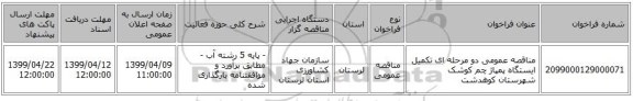 مناقصه عمومی دو مرحله ای تکمیل ایستگاه پمپاژ چم کوشک شهرستان کوهدشت