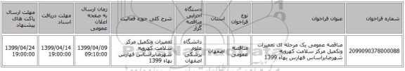 مناقصه عمومی یک مرحله ای تعمیرات وتکمیل مرکز سلامت کهرویه شهرضابراساس فهارس بهاء 1399