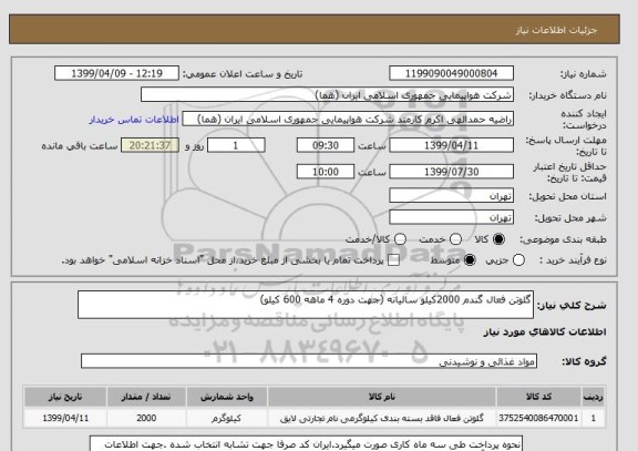 استعلام گلوتن فعال گندم 2000کیلو سالیانه (جهت دوره 4 ماهه 600 کیلو)