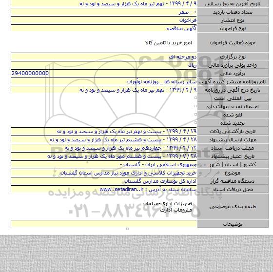 خرید تجهیزات کلاسی و اداری مورد نیاز مدارس استان گلستان