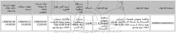 مناقصه عمومی همزمان با ارزیابی (فشرده) یک مرحله ای واگذاری خدمات بهره برداری از پست های  فشار قوی  انتقال نیرو بوشهر 