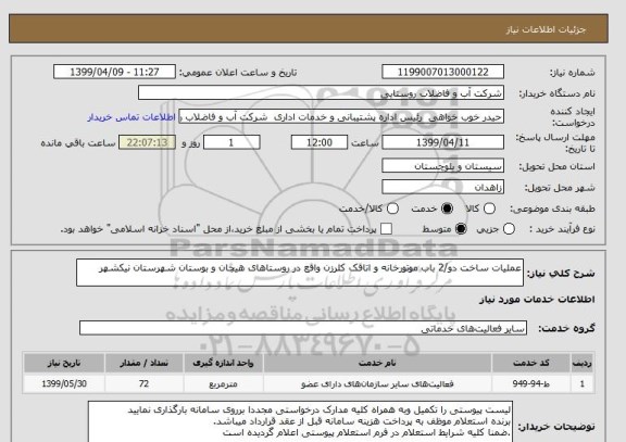 استعلام عملیات ساخت دو/2 باب موتورخانه و اتاقک کلرزن واقع در روستاهای هیچان و بوستان شهرستان نیکشهر   