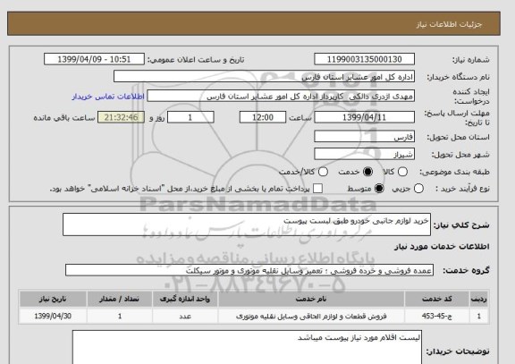 استعلام خرید لوازم جانبی خودرو طبق لبست پیوست