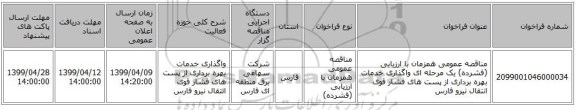 مناقصه عمومی همزمان با ارزیابی (فشرده) یک مرحله ای واگذاری خدمات بهره برداری از پست های  فشار قوی  انتقال نیرو فارس
