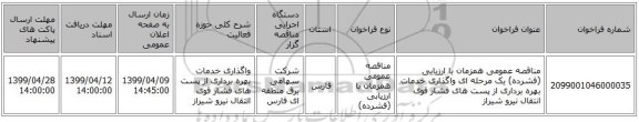 مناقصه عمومی همزمان با ارزیابی (فشرده) یک مرحله ای واگذاری خدمات بهره برداری  از پست های  فشار قوی انتقال نیرو شیراز