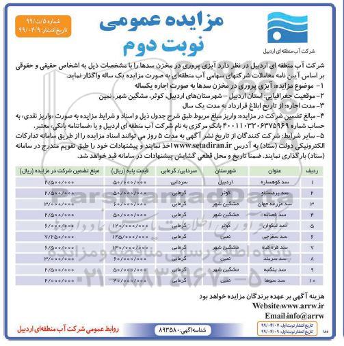 مزایده ، مزایده واگذاری آبزی پروری در مخزن سدها نوبت دوم