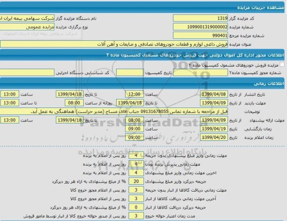 مزایده، مزایده فروش داغی لوازم و قطعات خودروهای تصادفی و ضایعات و آهن آلات