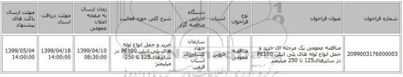 مناقصه عمومی یک مرحله ای خرید و حمل انواع لوله های پلی اتیلن PE100 در سایزهای125 تا 250 میلیمتر
