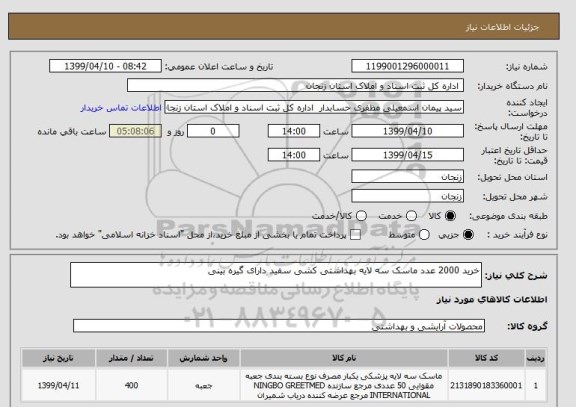استعلام خرید 2000 عدد ماسک سه لایه بهداشتی کشی سفید دارای گیره بینی