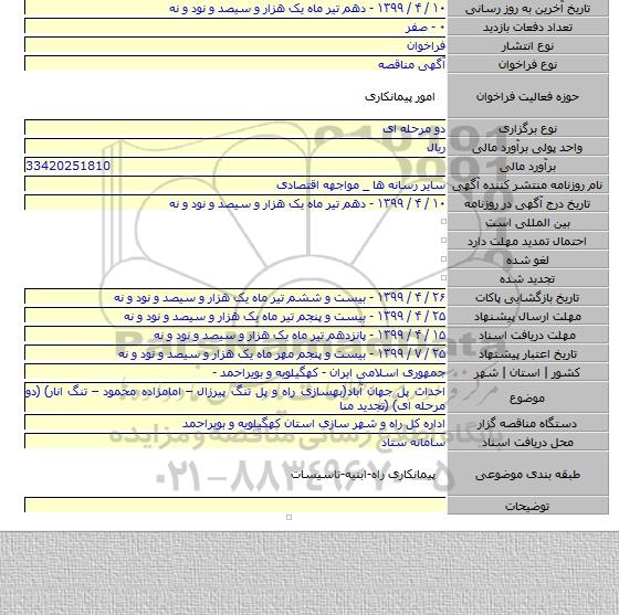 احداث پل جهان آباد(بهسازی راه و پل تنگ پیرزال – امامزاده محمود – تنگ انار)  (دو مرحله ای) (تجدید منا