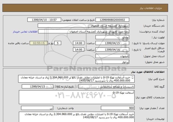 استعلام خرید آسفالت توپکا 19-0 با اعتبارات دولتی نقدی بالغ بر 2،304،960،000 ریال و اسناد خزانه معادل 400،000،000 ریال با سر رسید 1400/08/17 

