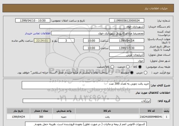 استعلام خرید پالت چوبی به تعداد 300 عدد