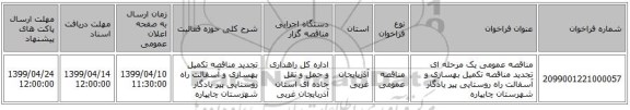 مناقصه عمومی یک مرحله ای تجدید مناقصه تکمیل بهسازی و آسفالت راه روستایی پیر یادگار شهرستان چایپاره