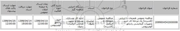 مناقصه عمومی همزمان با ارزیابی (فشرده) یک مرحله ای خرید تجهیزات گرمایشی رادیاتور آلومینیومی