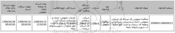 مناقصه عمومی یک مرحله ای خدمات عمومی، اداری و پشتیبانی شرکت آب منطقه ای سمنان و ادارات امور منابع آب شهرستانهای تابعه