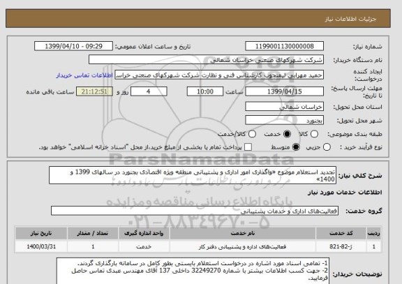 استعلام تجدید استعلام موضوع «واگذاری امور اداری و پشتیبانی منطقه ویژه اقتصادی بجنورد در سالهای 1399 و 1400»