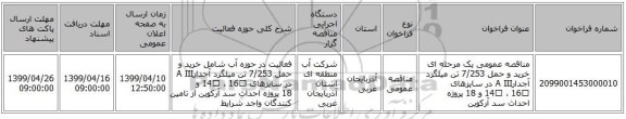 مناقصه عمومی یک مرحله ای خرید و حمل 7/253 تن میلگرد آجدارA III در سایزهای 14 ، 16 و 18 پروژه احداث سد آرکوین