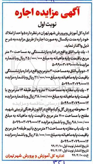 مزایده، مزایده اجاره 5 واحد از املاک