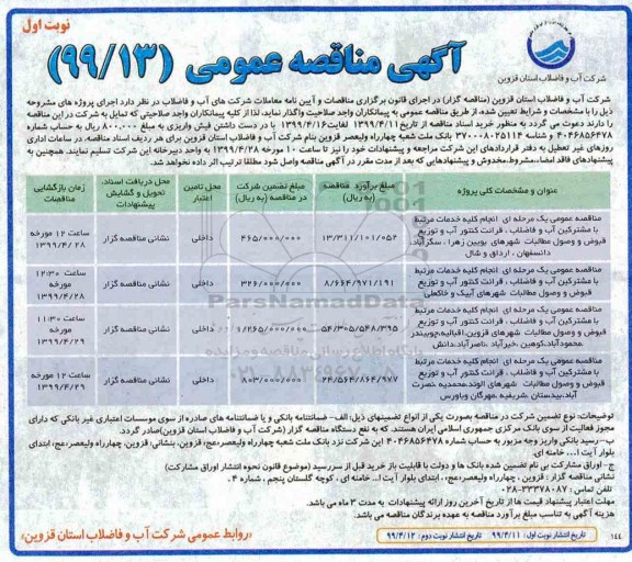 مناقصه، مناقصه انجام کلیه خدمات مرتبط با مشترکین آب و فاضلاب و...