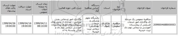 مناقصه عمومی یک مرحله ای  واگذاری امور خدمات قسمتی از  بیمارستان آموزشی و درمانی نهم دی تربت حیدریه