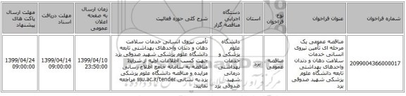 مناقصه عمومی یک مرحله ای تأمین نیروی انسانی خدمات سلامت دهان و دندان واحدهای بهداشتی تابعه دانشگاه علوم پزشکی شهید صدوقی یزد