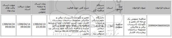 مناقصه عمومی یک مرحله ای تعمیر و نگهداری تأسیسات برقی و مکانیکی مجموعه ساختمان بیمارستان افشار