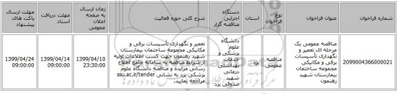 مناقصه عمومی یک مرحله ای تعمیر و نگهداری تأسیسات برقی و مکانیکی مجموعه ساختمان بیمارستان شهید رهنمون