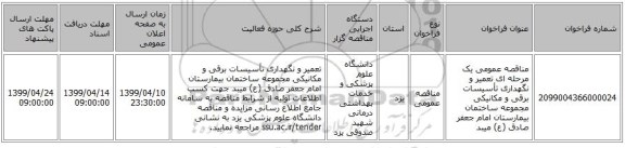 مناقصه عمومی یک مرحله ای تعمیر و نگهداری تأسیسات برقی و مکانیکی مجموعه ساختمان بیمارستان امام جعفر صادق (ع) میبد