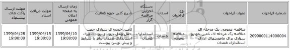 مناقصه عمومی یک مرحله ای مناقصه یک مرحله ای تامین خودرو سواری برای ماموریتهای اداری استانداری همدان