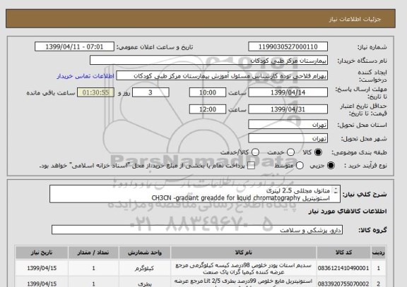 استعلام متانول مجللی 2.5 لیتری
استونیتریل CH3CN -gradiant greadde for liquid chromatography
استات سدیم برند مرک CH3COONA-  M=82.03 G/MOL