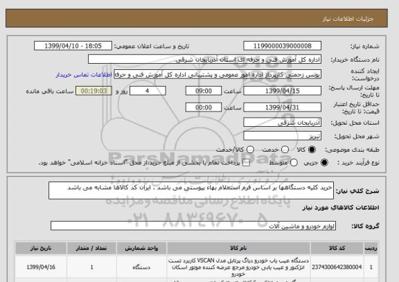 استعلام خرید کلیه دستگاهها بر اساس فرم استعلام بهاء پیوستی می باشد . ایران کد کالاها مشابه می باشد 