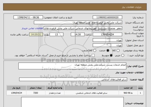 استعلام انجام خدمات پستی شرکت ملی پخش منطقه تهران