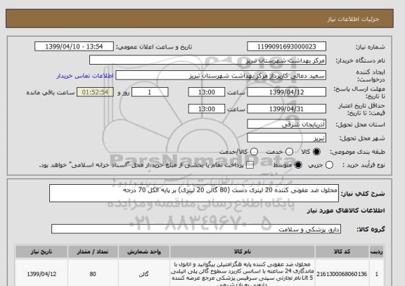 استعلام محلول ضد عفونی کننده 20 لیتری دست (80 گالن 20 لیتری) بر پایه الکل 70 درجه