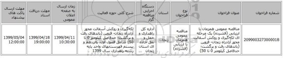 مناقصه عمومی همزمان با ارزیابی (فشرده) یک مرحله ای لکه‌گیری و روکش آسفالت محور آزادراه زنجان- قزوین (باندهای رفت و برگشت؛ حدفاصل کیلومتر 0 تا 50)