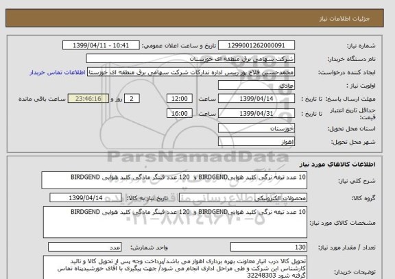 استعلام 10 عدد تیغه نرگی کلید هواییBIRDGEND و  120 عدد فینگر مادگی کلید هوایی BIRDGEND 