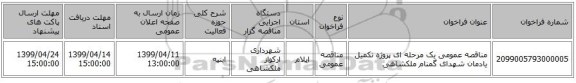مناقصه عمومی یک مرحله ای پروژه تکمیل یادمان شهدای گمنام ملکشاهی