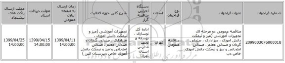 مناقصه عمومی دو مرحله ای تجهیزات آموزشی (میز و نیمکت دانش اموزی ، میزاداری ، صندلی گردان و صندلی معلم ، صندلی امتحانی و میز و نیمکت دانش آموزی خاص دب 