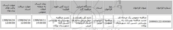 مناقصه عمومی یک مرحله ای تجدید مناقصه بهسازی راه روستایی حسین آباد شهرستان بوکان