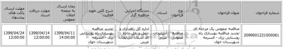 مناقصه عمومی یک مرحله ای تجدید مناقصه بهسازی راه روستایی زری - السرمه شهرستان خوی