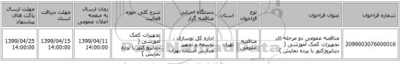 مناقصه عمومی دو مرحله ای تجهیزات کمک آموزشی ( دیتاپروژکتور با پرده نمایش  )