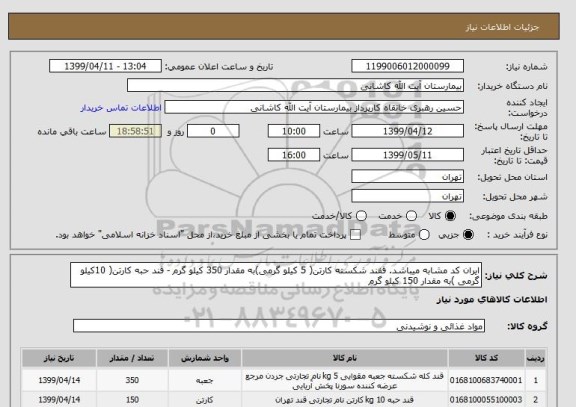 استعلام ایران کد مشابه میباشد. قفند شکسته کارتن( 5 کیلو گرمی)به مقدار 350 کیلو گرم - قند حبه کارتن( 10کیلو گرمی )به مقدار 150 کیلو گرم 
