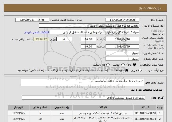 استعلام تجهیزات اداری و آموزشی مطابق مدارک پیوستی