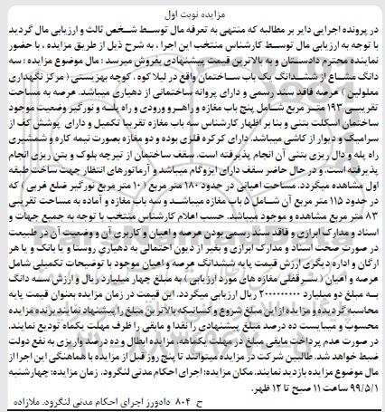 مزایده ،مزایده سه دانگ مشاع از ششدانگ یکباب ساختمان نوبت اول 
